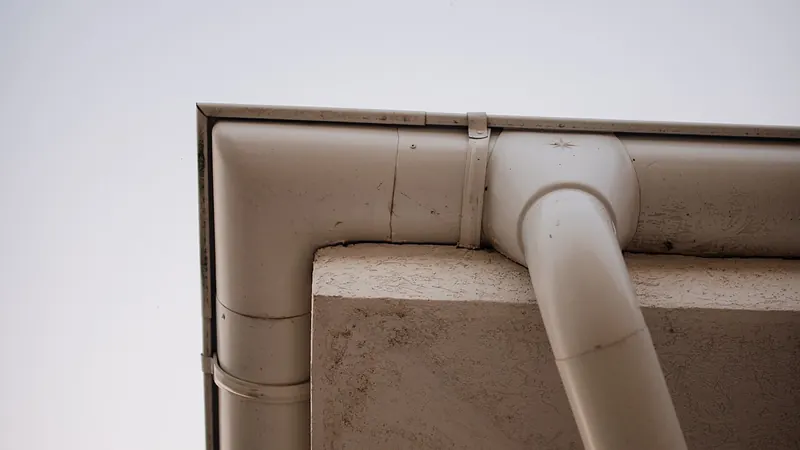 White gutter and downspout corner against a pale sky