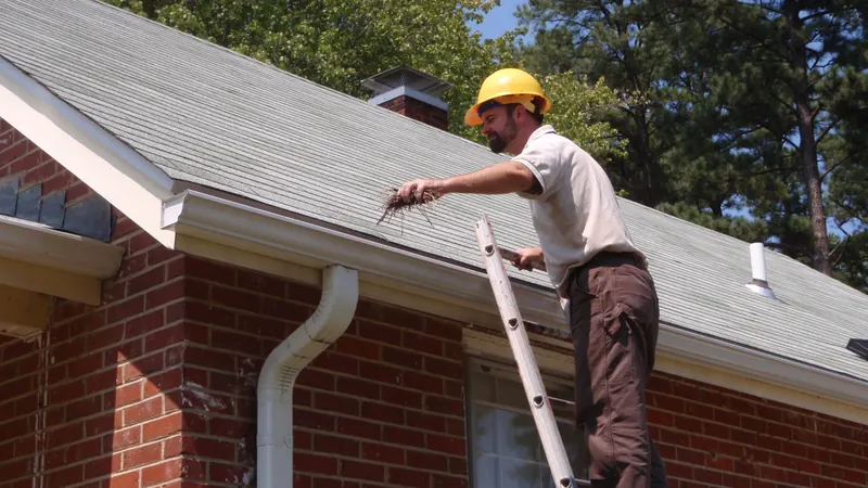 Worker on a ladder cleaning the gutters of a brick house